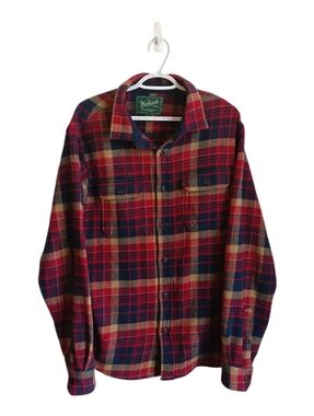 Woolrich Green Label Collection Red, Navy & Tan Plaid Button-Up Shirt Large
